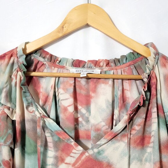 Rose & Olive Womens Flutter Short Sleeve Top Size 1X Tassel Neck Tie Dye Pastel - Picture 4 of 9